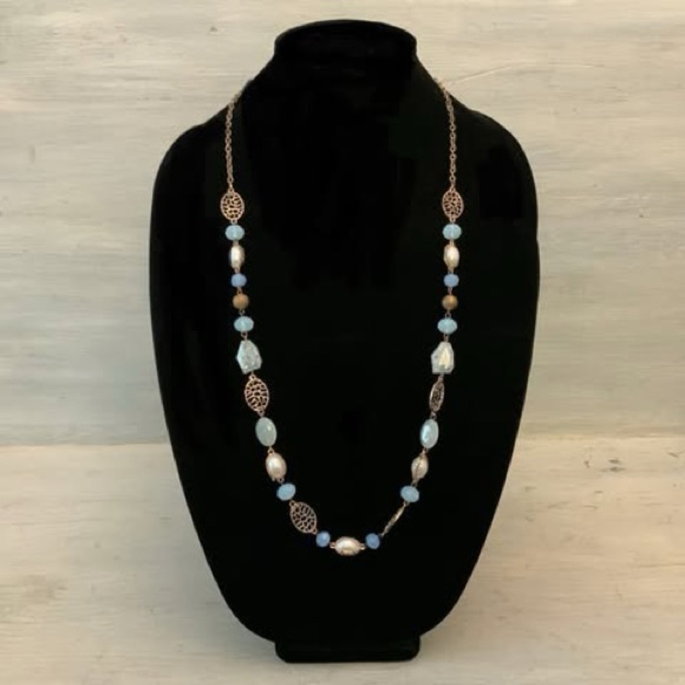 Elegant Beaded‎ Faux Pearl Stone Gold Metal Chain Necklace Good Condition